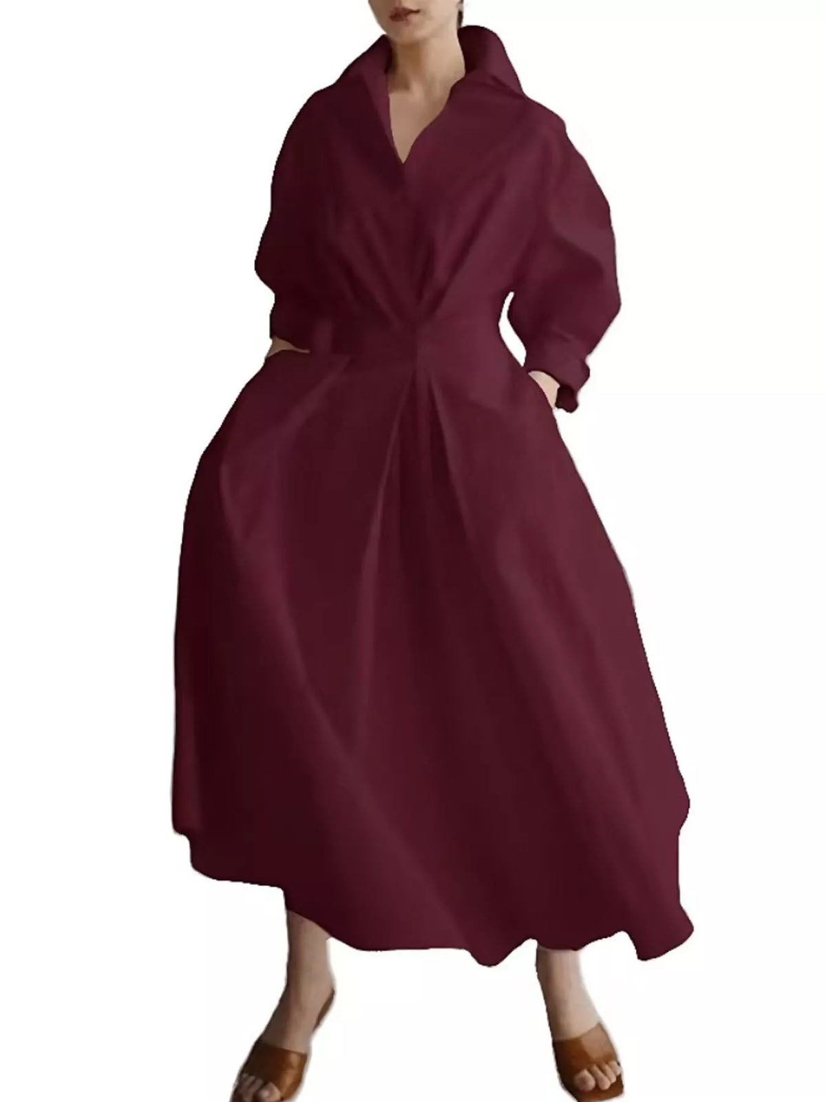 Collared Three-Quarter Sleeve Midi Shirt Dress — front view