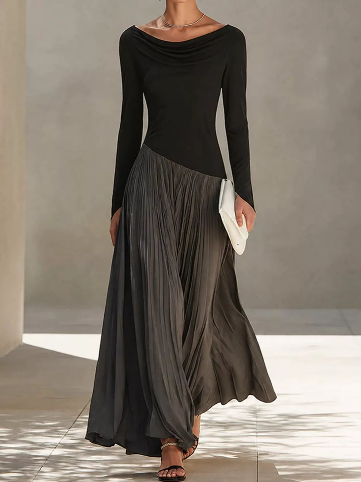 Cowl neck long sleeve maxi dress, front view on model