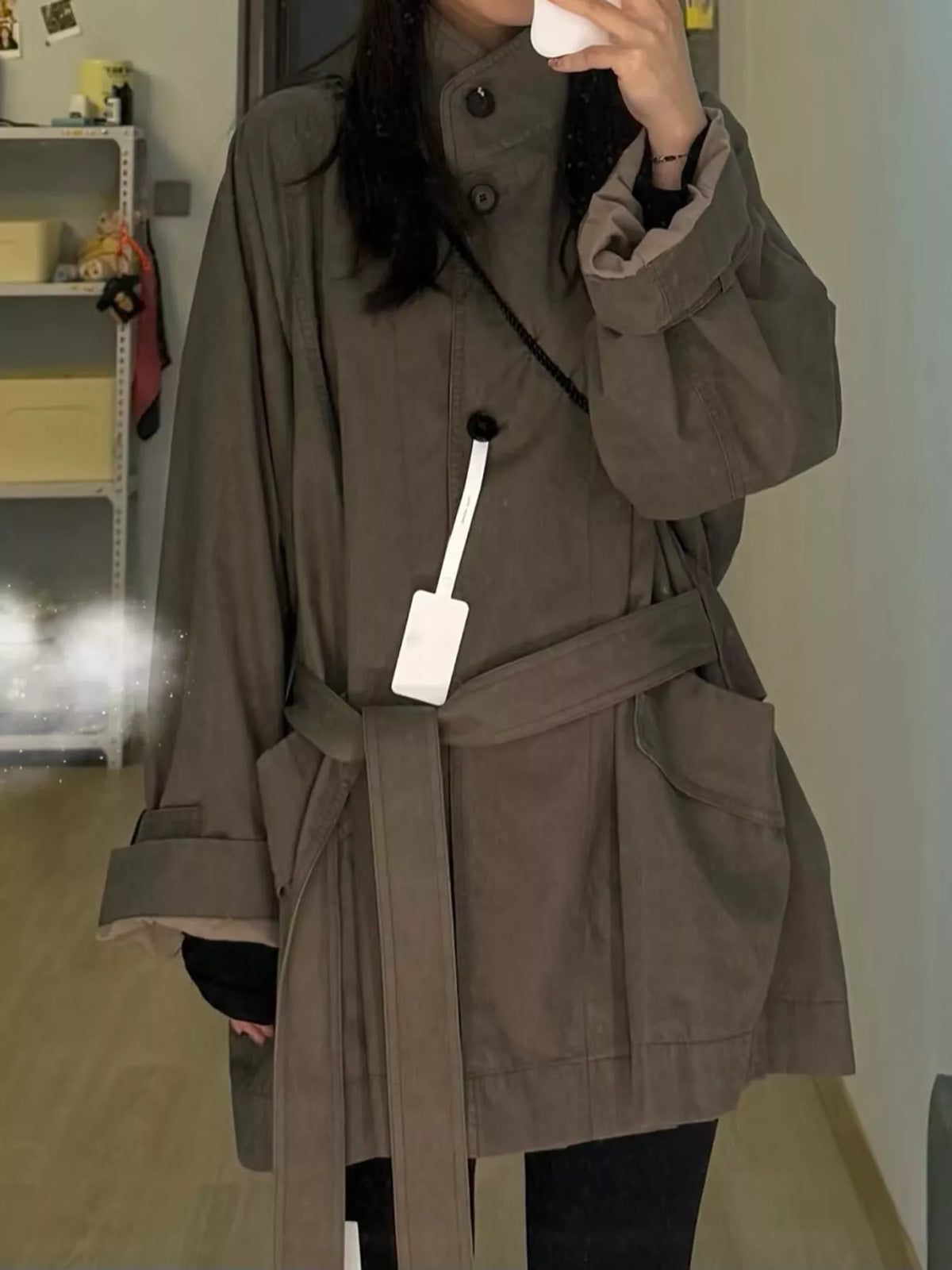 Vintage Style Stand-Collar Belted Utility Jacket, detail view in khaki