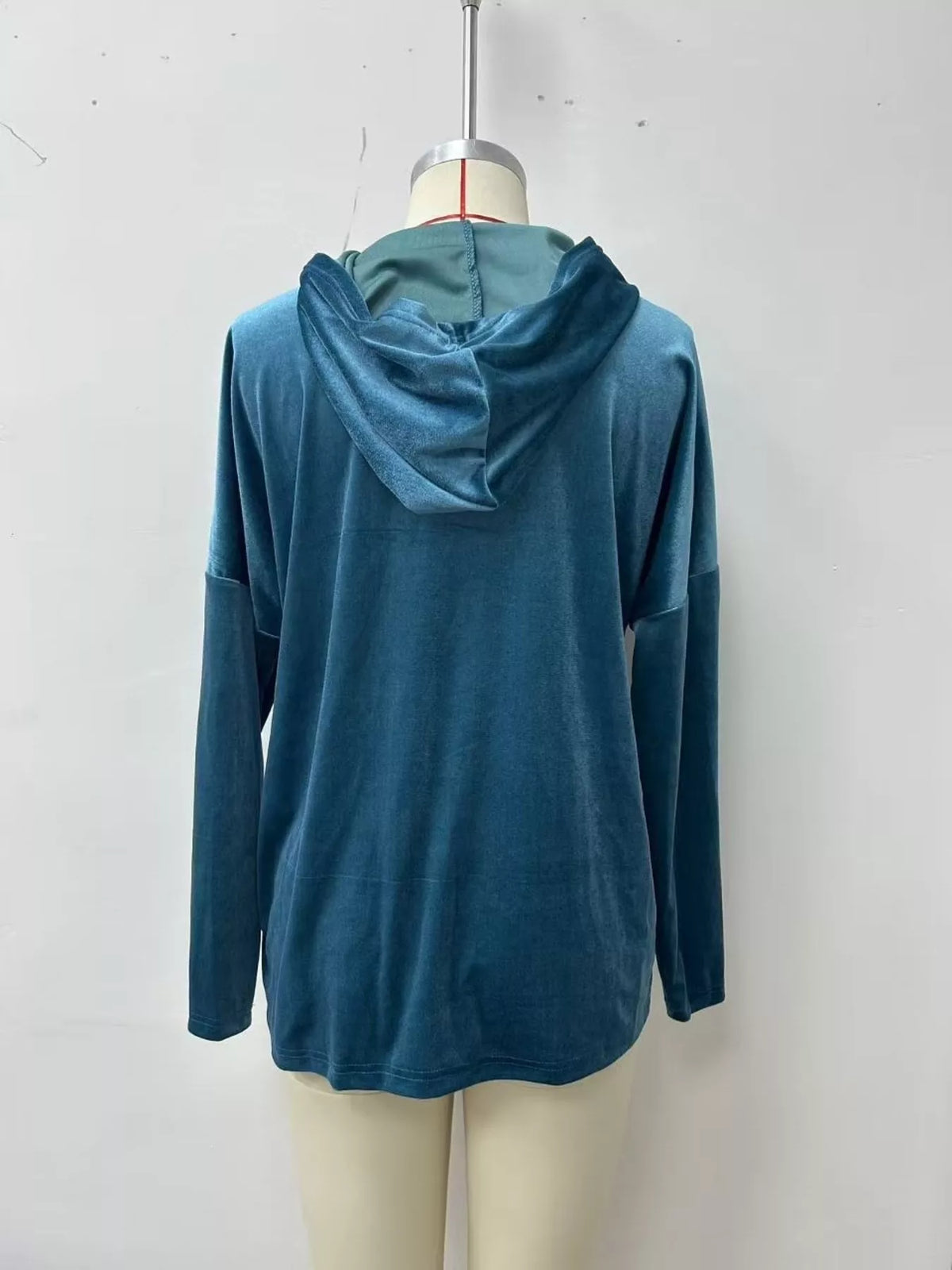 Women's Velvet Front Pockets Hoodie in Teal, back view
