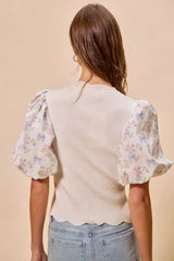 Trendsi SO ME Floral Cotton Contrast Sleeves Scallop Sweater Top -