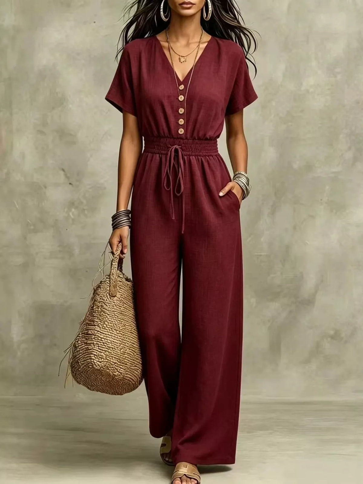Burgundy wide-leg short-sleeve jumpsuit