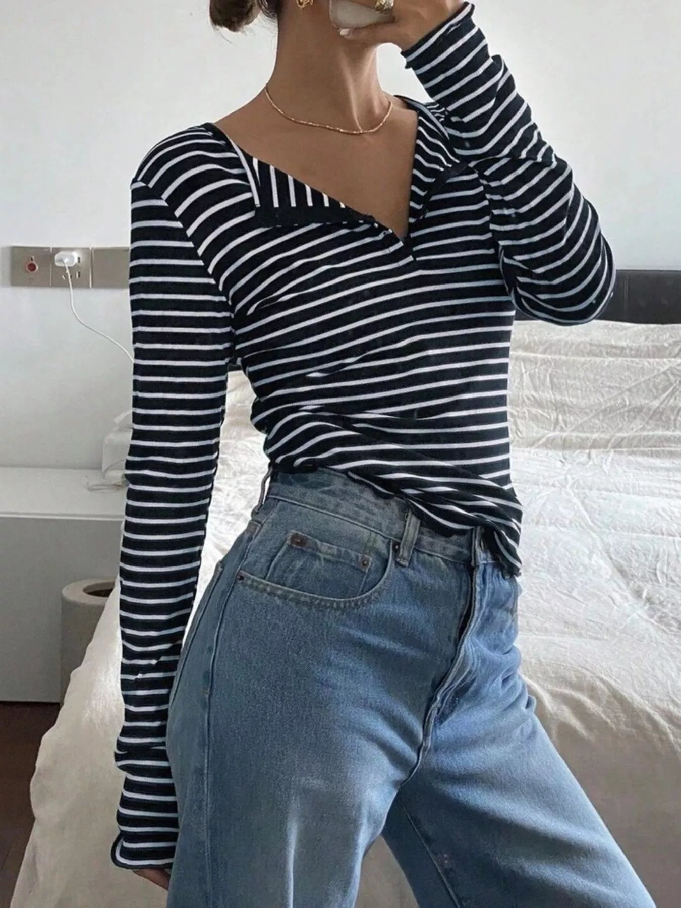 Trendsi Long Sleeve Striped Henley T-Shirt -