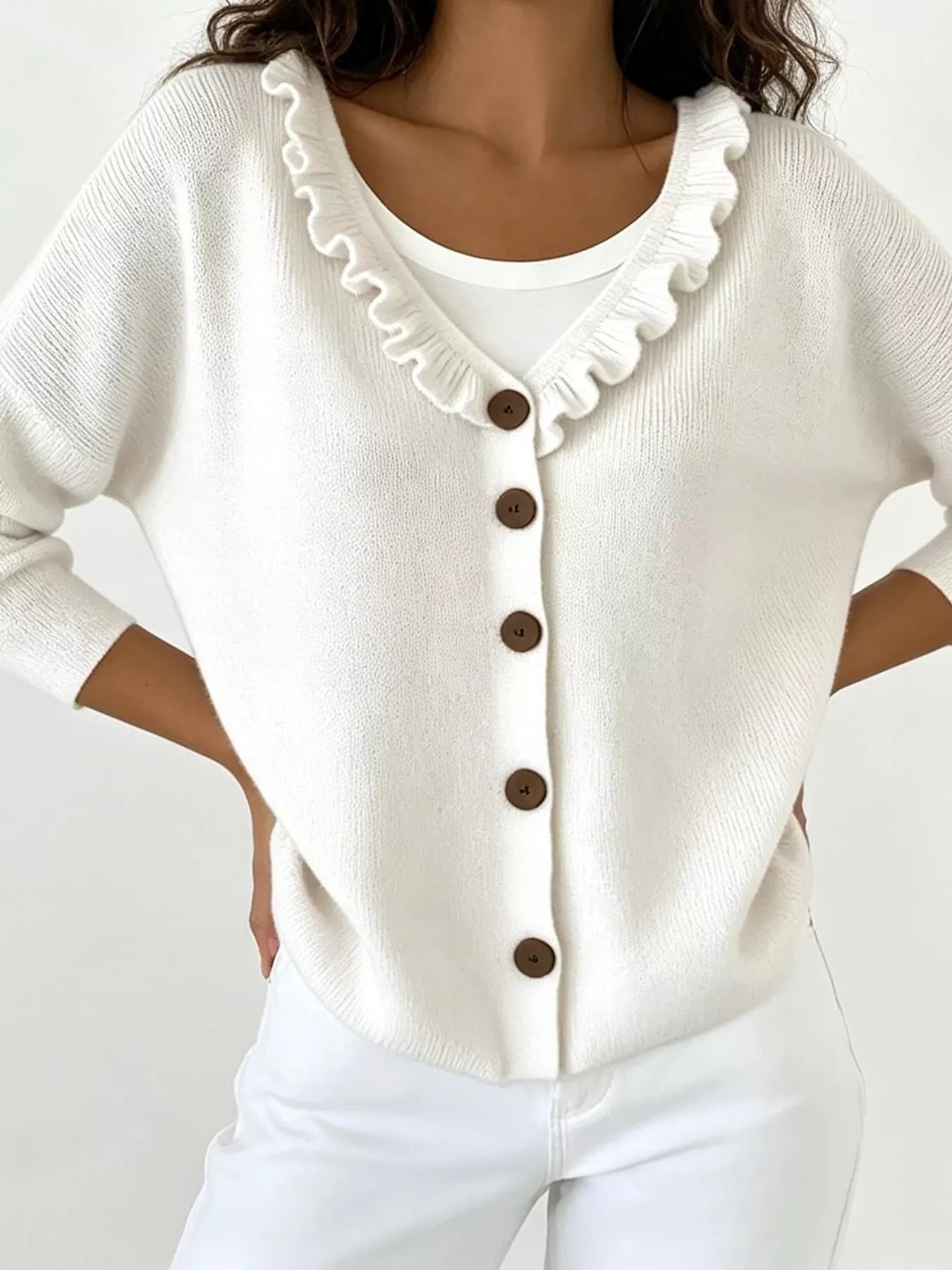 Trendsi Ruffled Neckline Button-Up Cardigan -