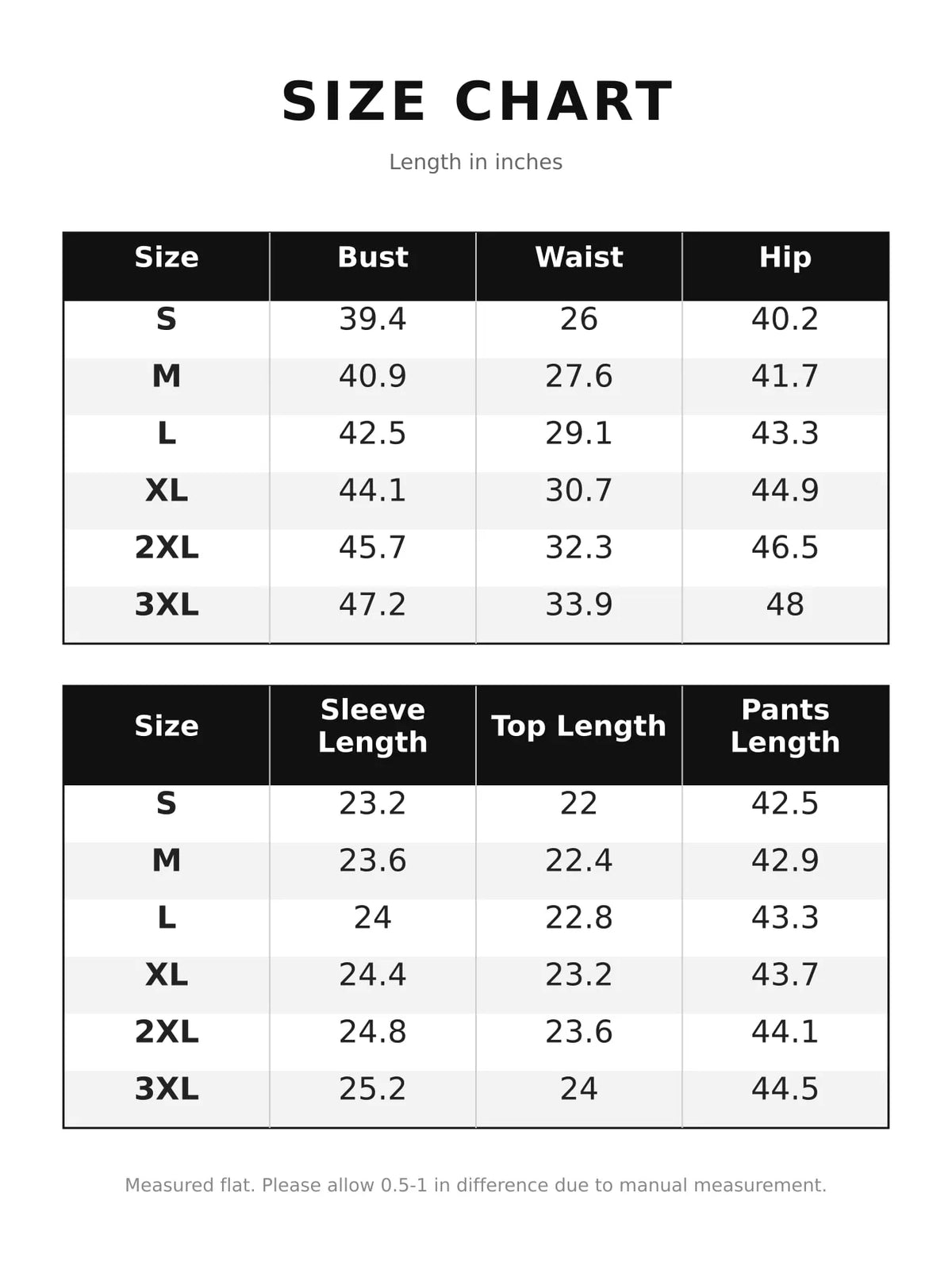 Size chart for shirt and geometric pants set