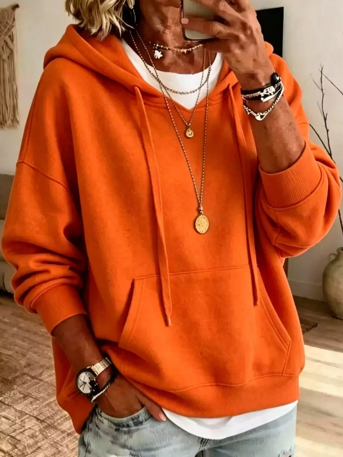 Women's Drawstring Dropped Shoulder Hoodie in orange — front view