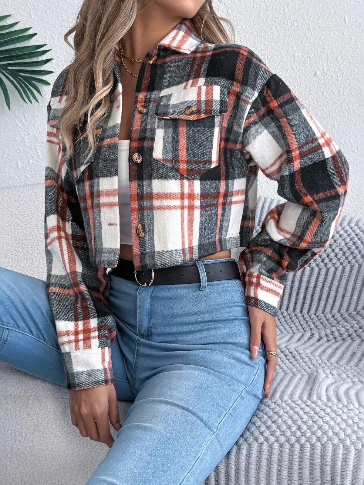 Black plaid button-up cropped jacket