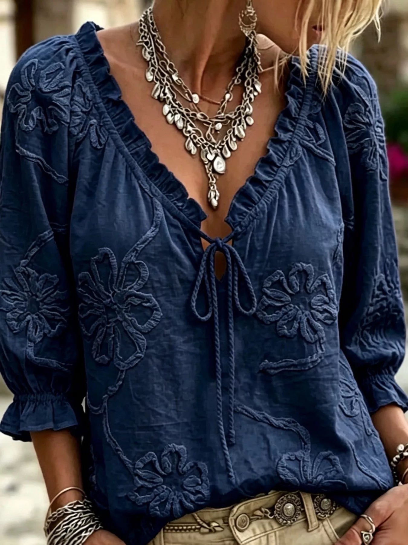 Trendsi Full Size Flower Tie Front 3/4 Sleeve Blouse Plus Size -