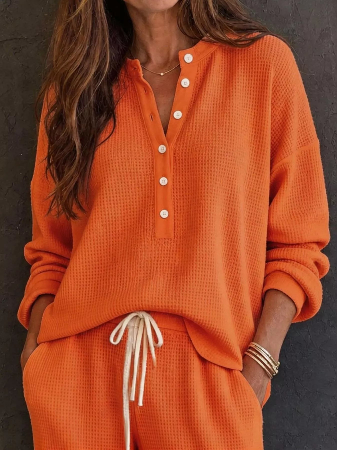 Trendsi Waffle Knit Henley Top and Wide Leg Pants Set -
