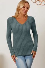 Trendsi Basic Bae Full Size Ribbed V-Neck Long Sleeve T-Shirt - Shirts