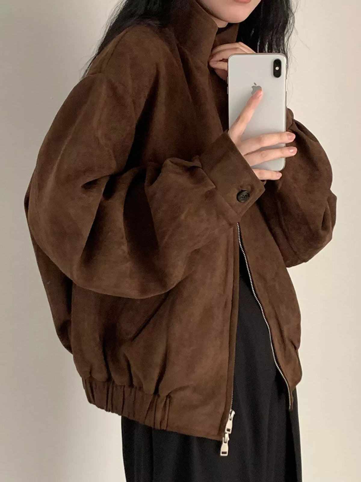 Stand-collar jacket, brown front
