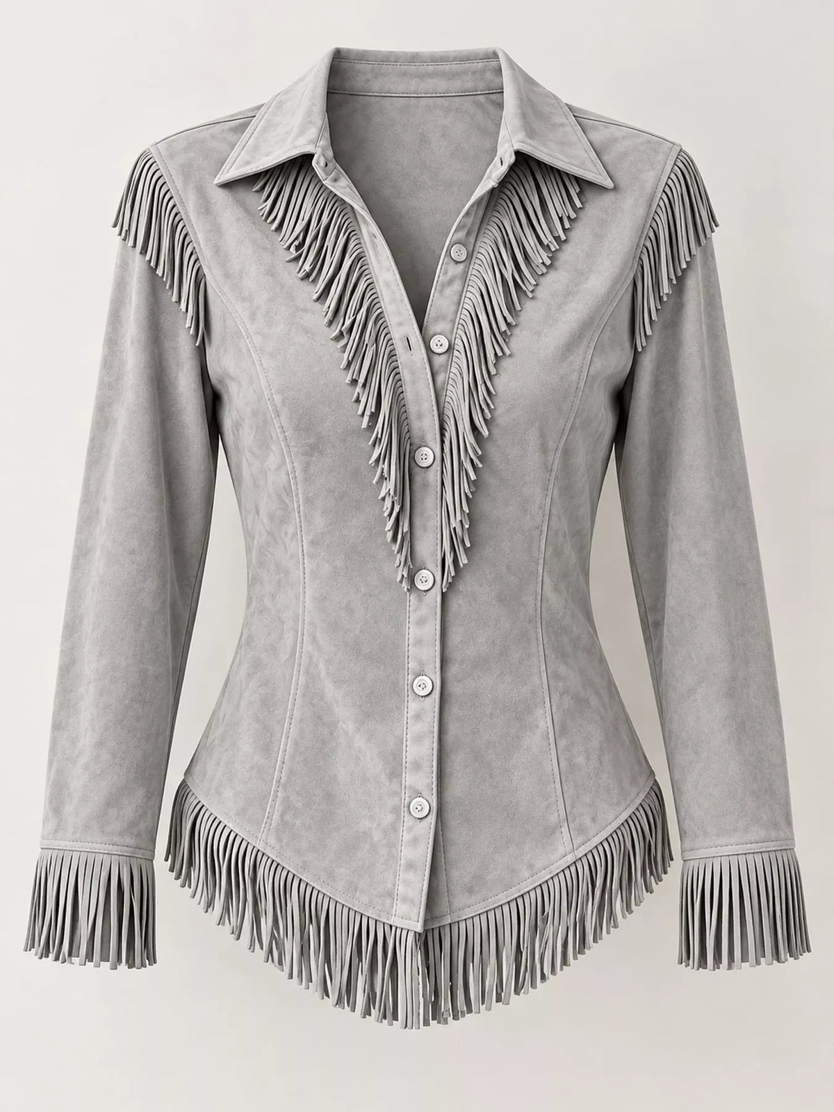 Fringe-detail shirt, gray hanging front