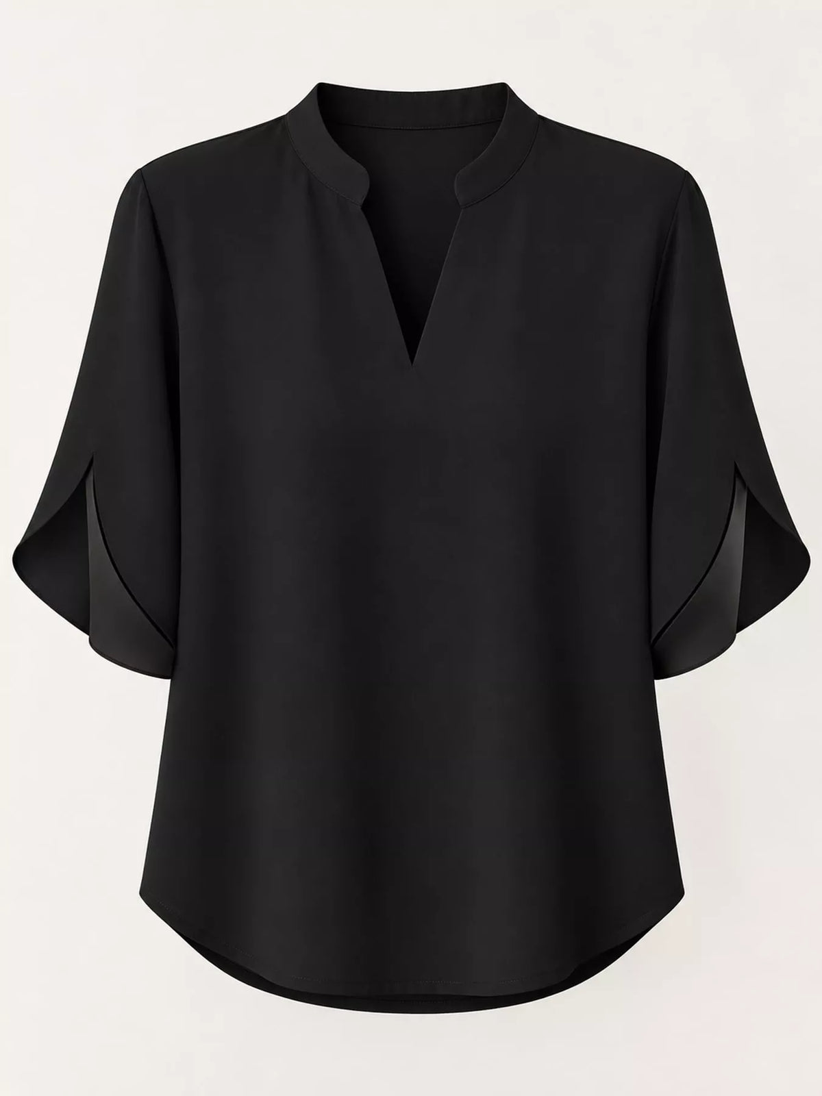 Women's Notched Slit Short Sleeve Blouse in black — flat lay view