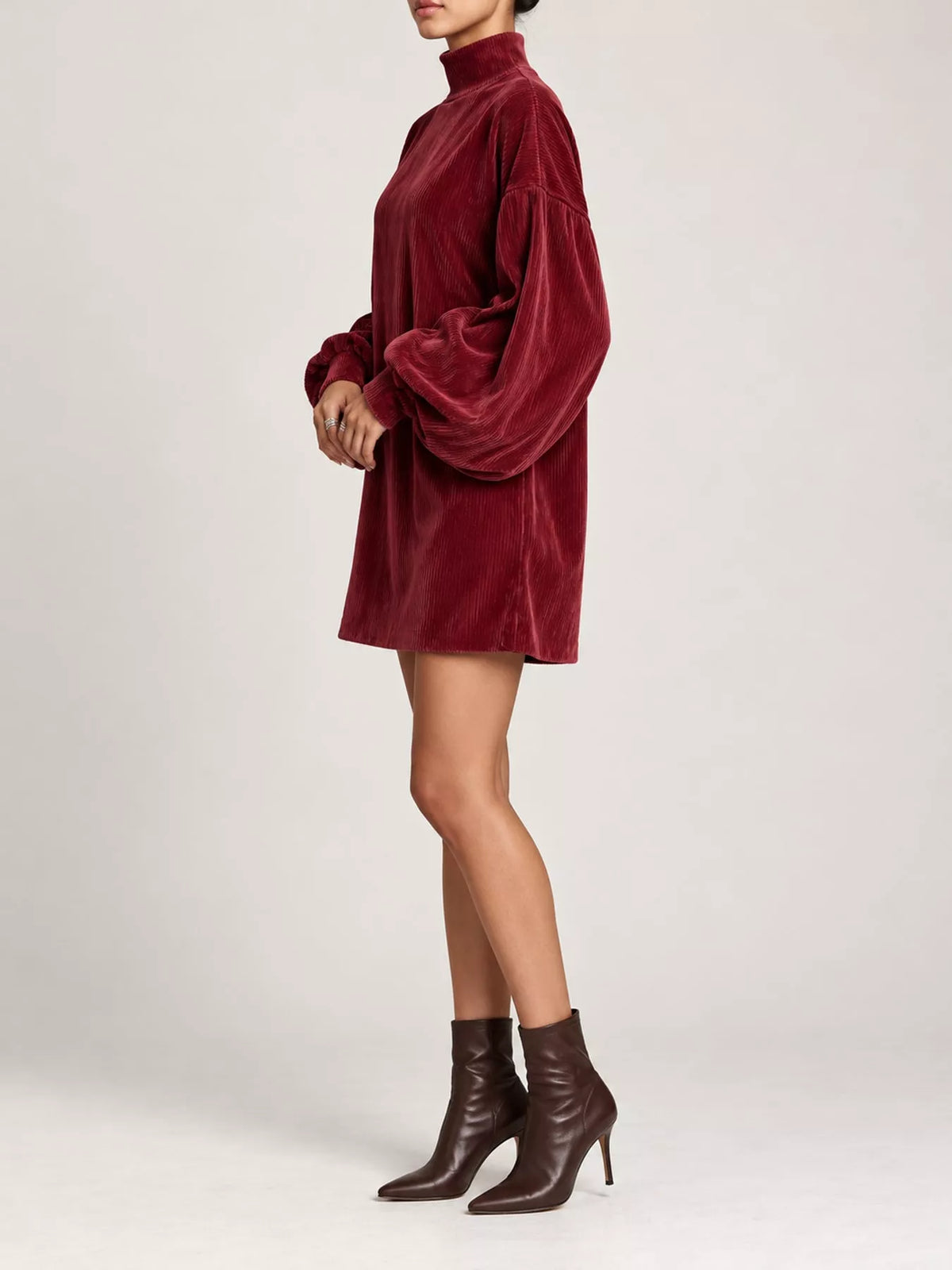 Wine Red corduroy mock neck lantern sleeve mini dress