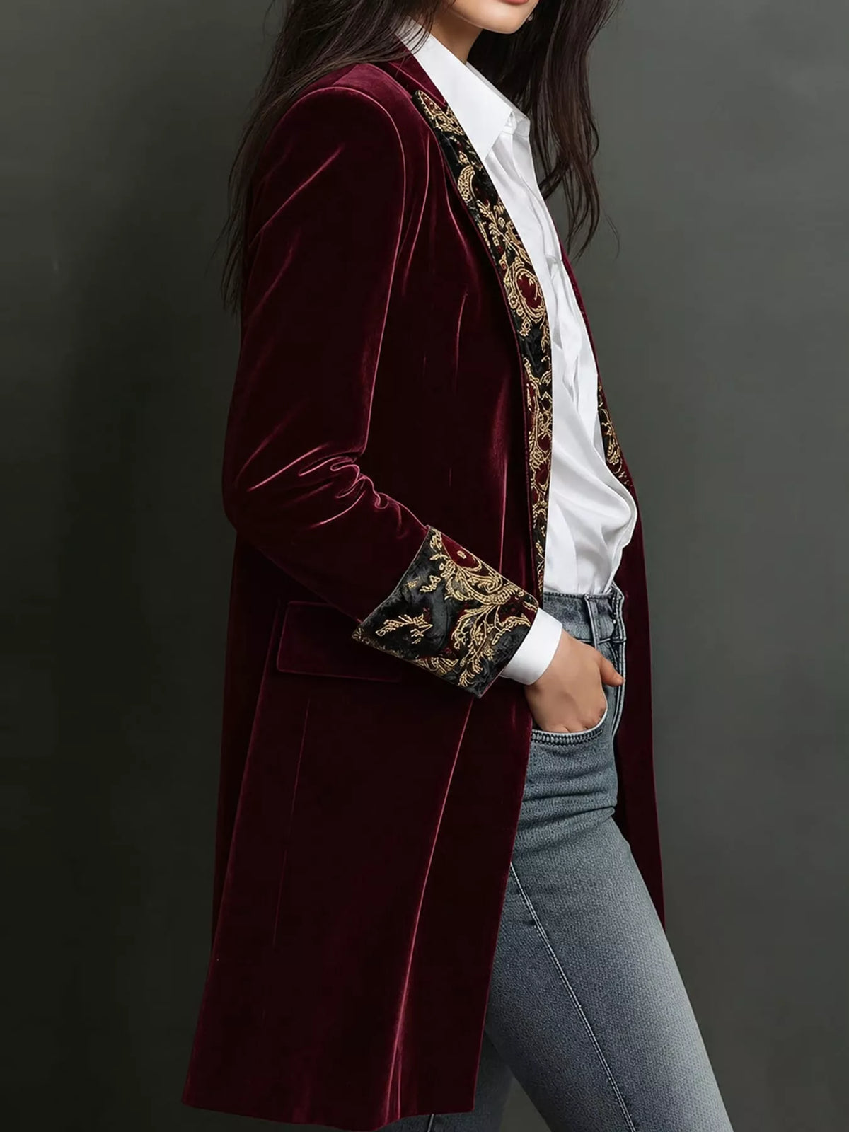 Burgundy (with Lining) floral lapels and cuffs velvet blazer