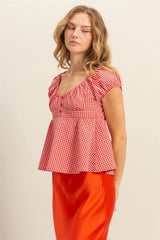 Trendsi HYFVE Gingham Scoop Neck Cap Sleeve Blouse -