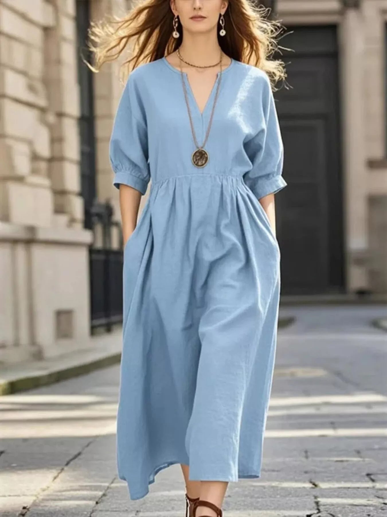 Trendsi Notched Half Sleeve Midi Dress -