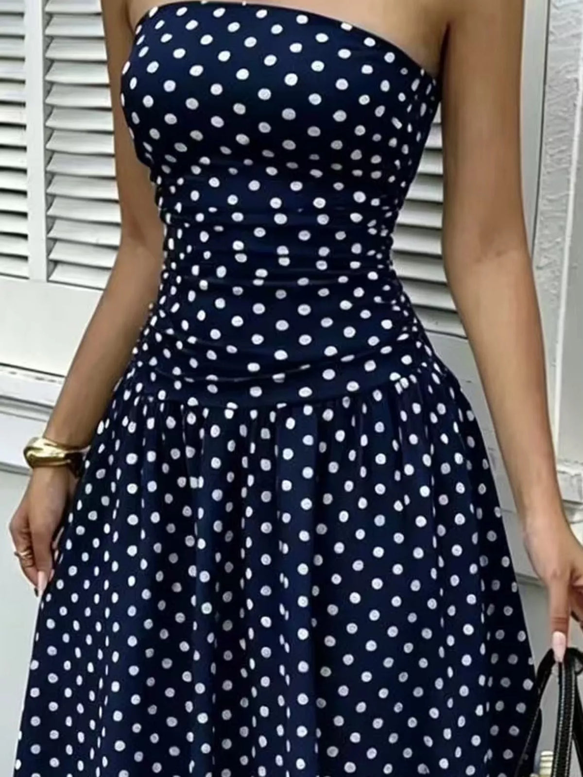 Women's Strapless Polka Dot Ruched Maxi Dress in navy dots — waist detail view