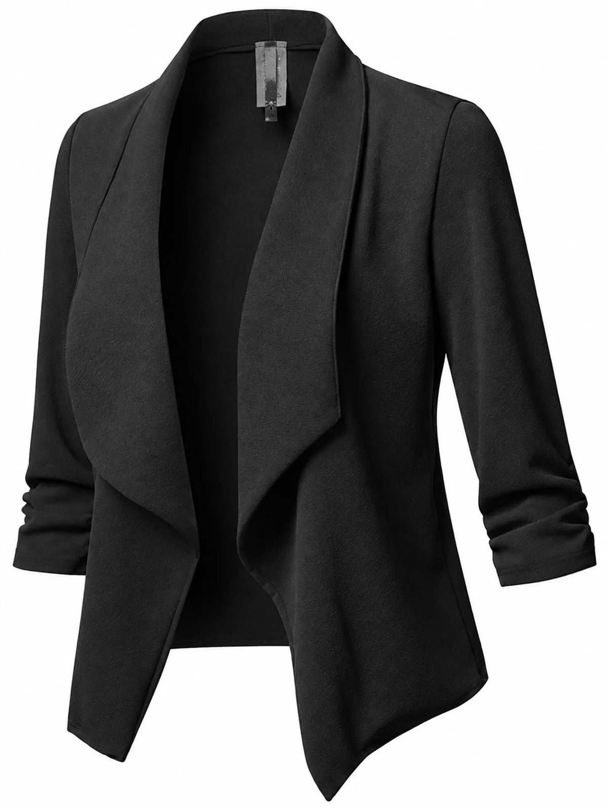 Black open-front blazer with ruched 3/4 sleeves