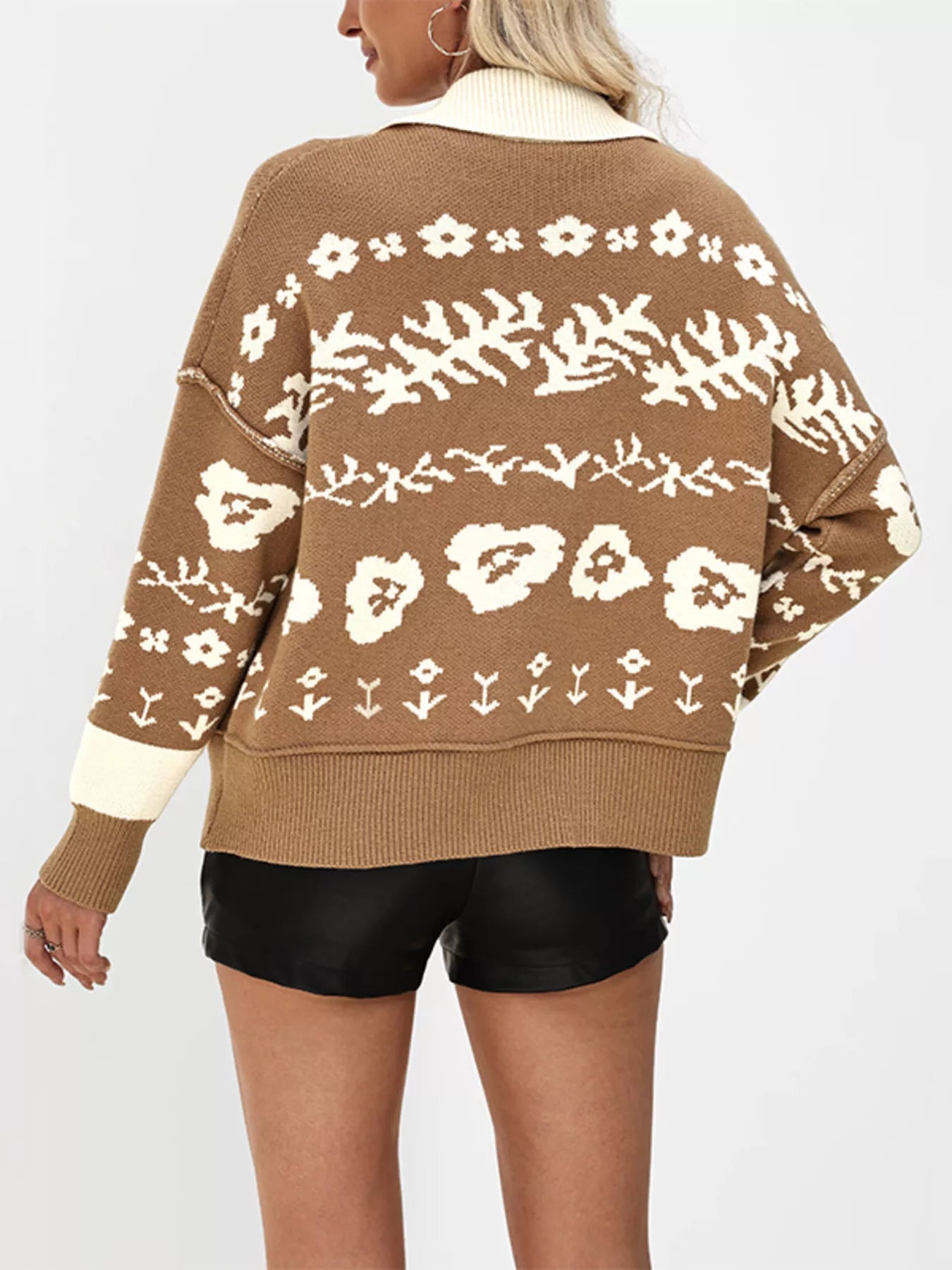 Trendsi Floral Pattern Knit Cardigan with Contrast Collar -