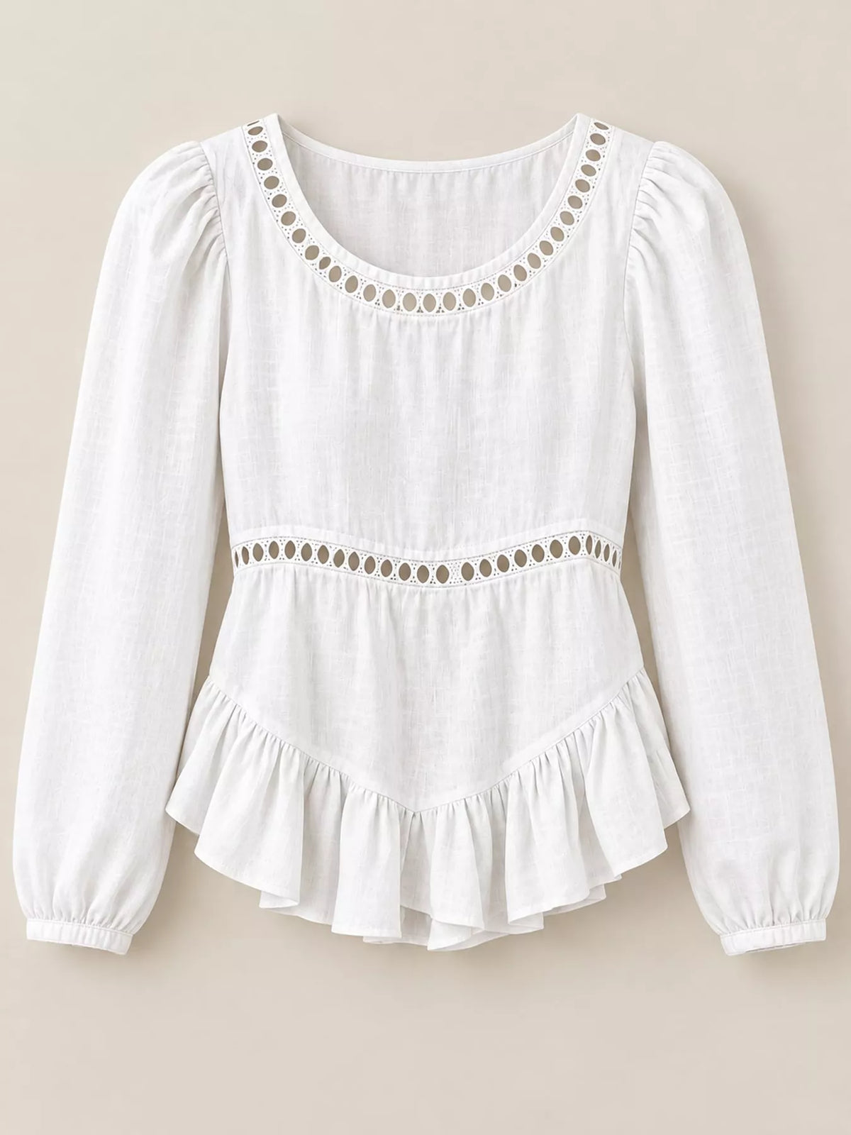 Women's Long Sleeve Blouse with Eyelet Lace Trim and Ruffled Hem in white — flat lay view