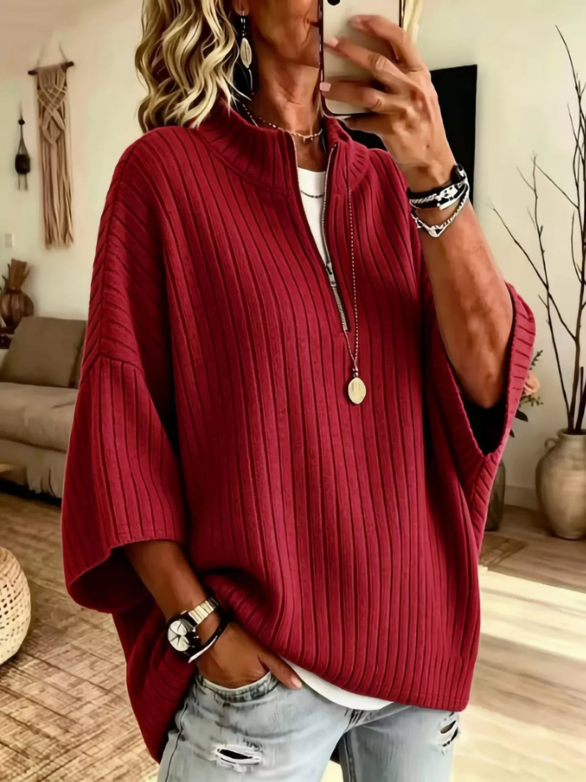 Women's Half-Zip Ribbed Knit Top in Burgundy, front view