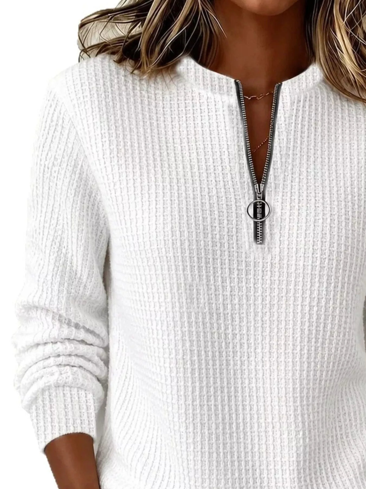 Women's Quarter-Zip Waffle Knit Sweatshirt in white — zipper detail view