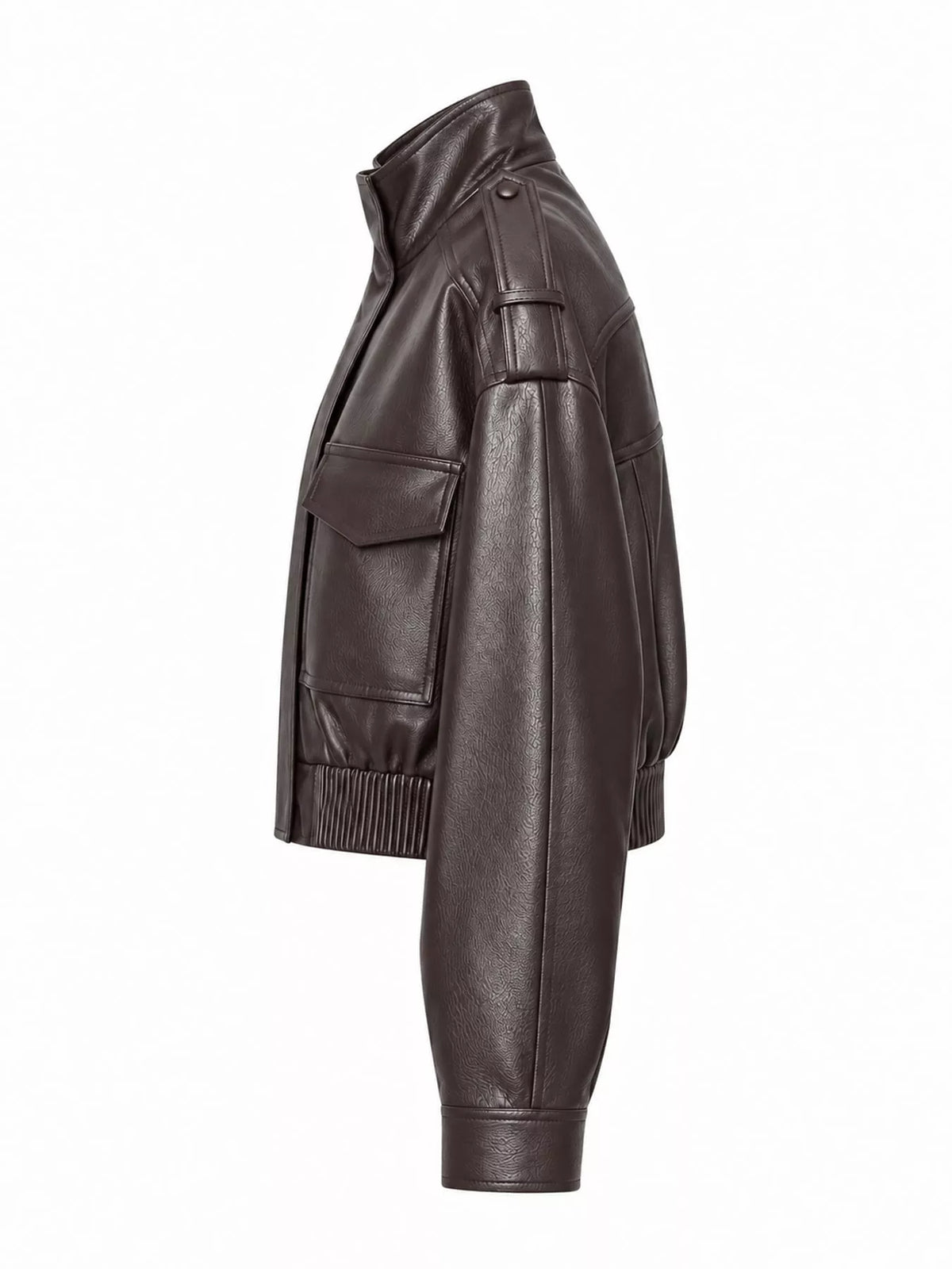 Dark brown faux leather cropped bomber jacket — side view