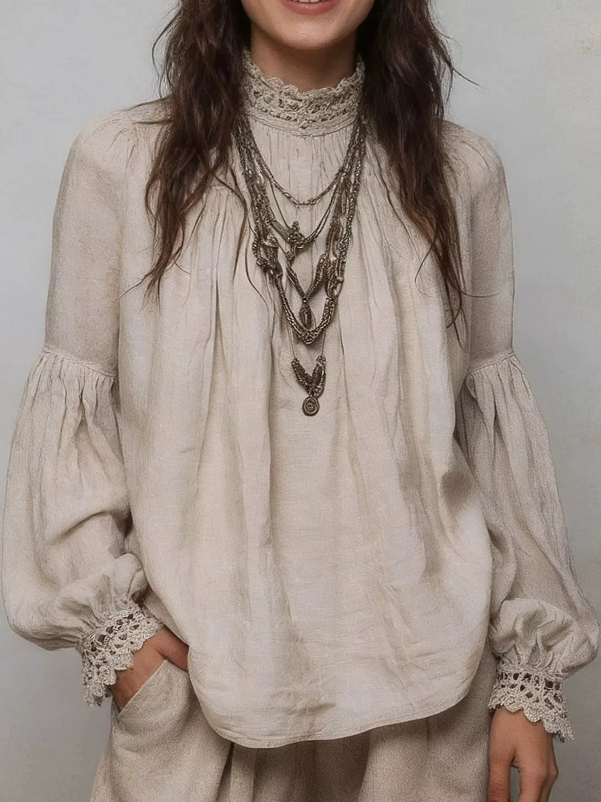 Oatmeal lace mock neck long sleeve blouse
