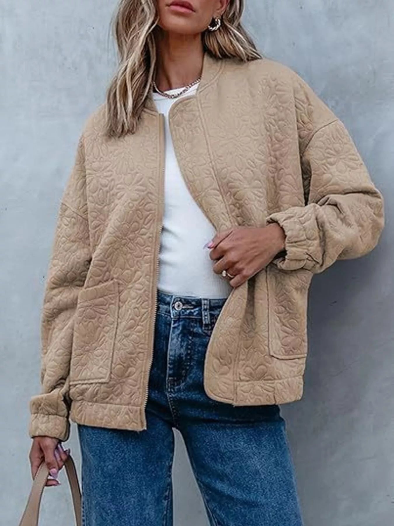 Trendsi Floral Quilted Zip Up Jacket -