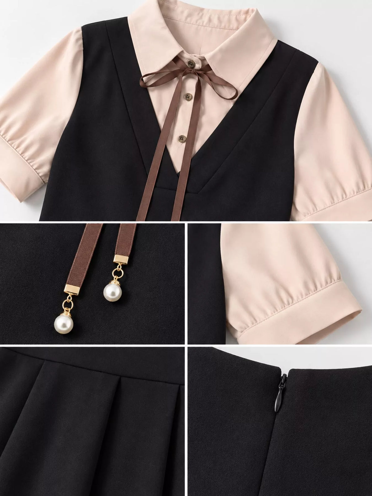 Women's Contrast Short Sleeve Pleated Midi Dress in black — detail collage view