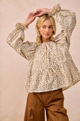 Trendsi BiBi Floral Printed Peplum Blouse with Shirring and Tied -