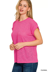 Trendsi Zenana Hacci Slub Rolled Up Sleeve Tee -