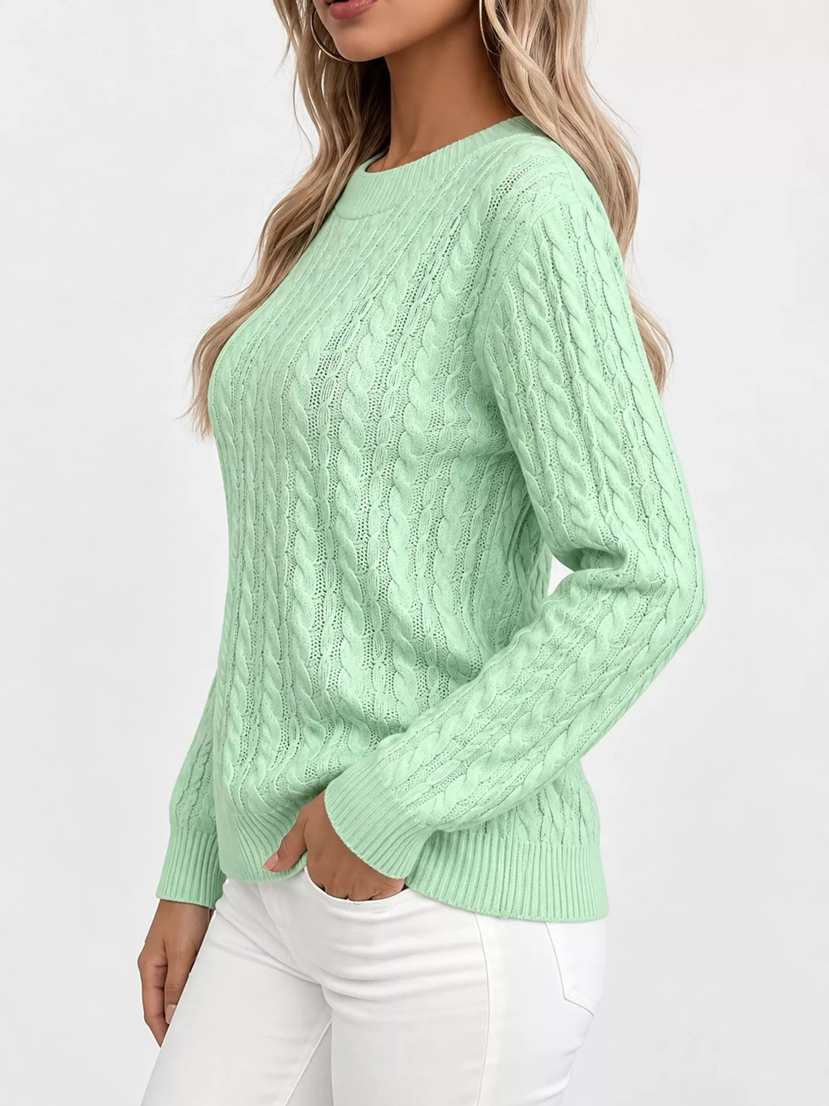 Light Green cable knit round neck sweater
