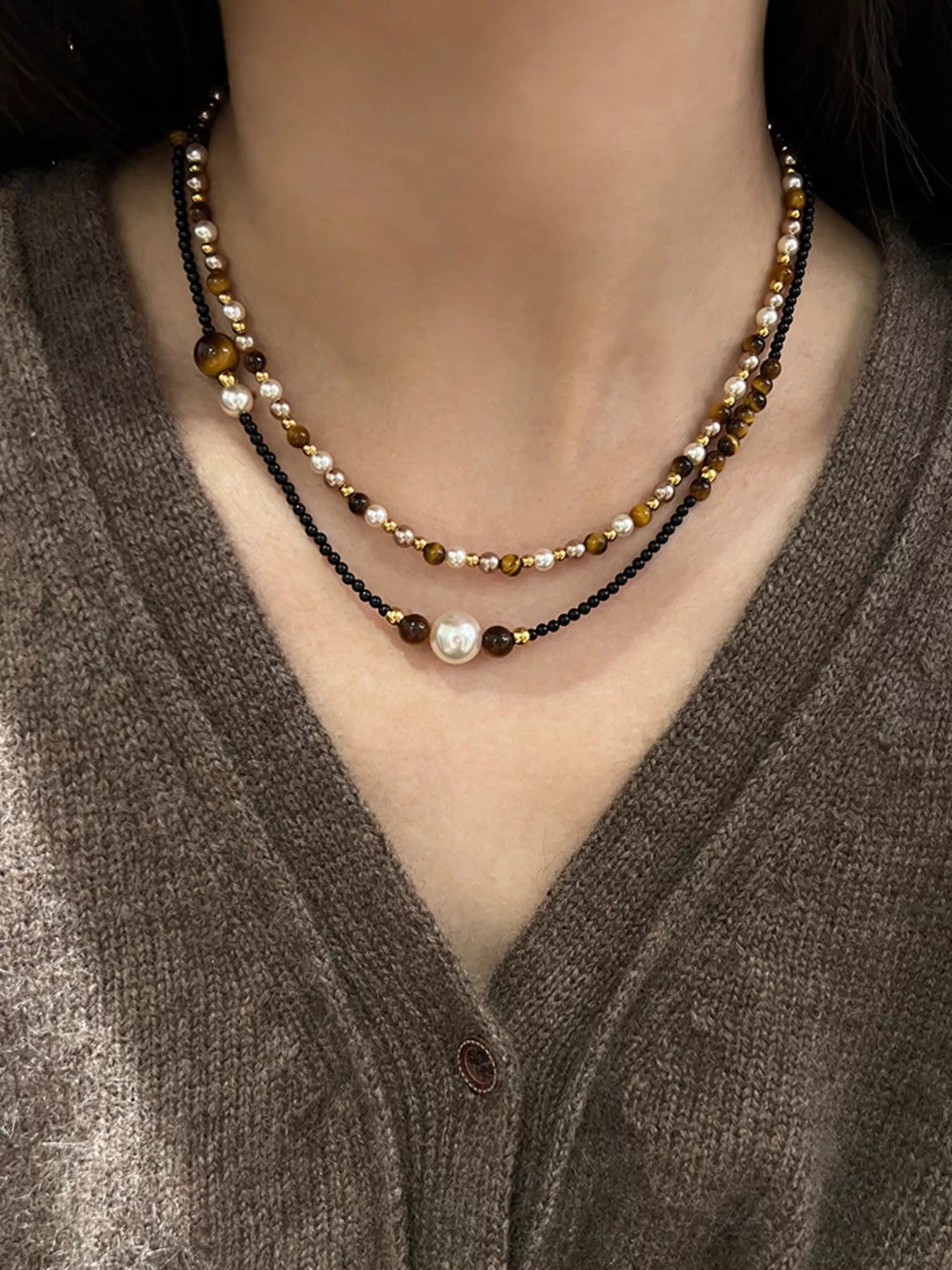 Women's Tiger Eye Adjustable Layered Beaded Necklace With Pearls