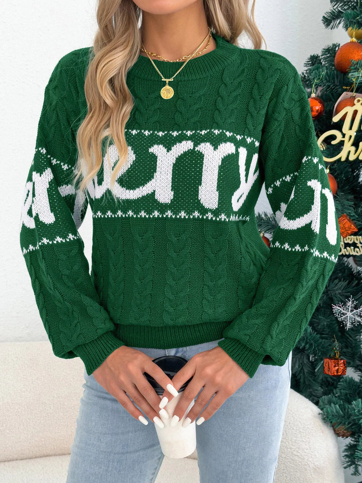 Merry Cable Knit Sweater in green, front view