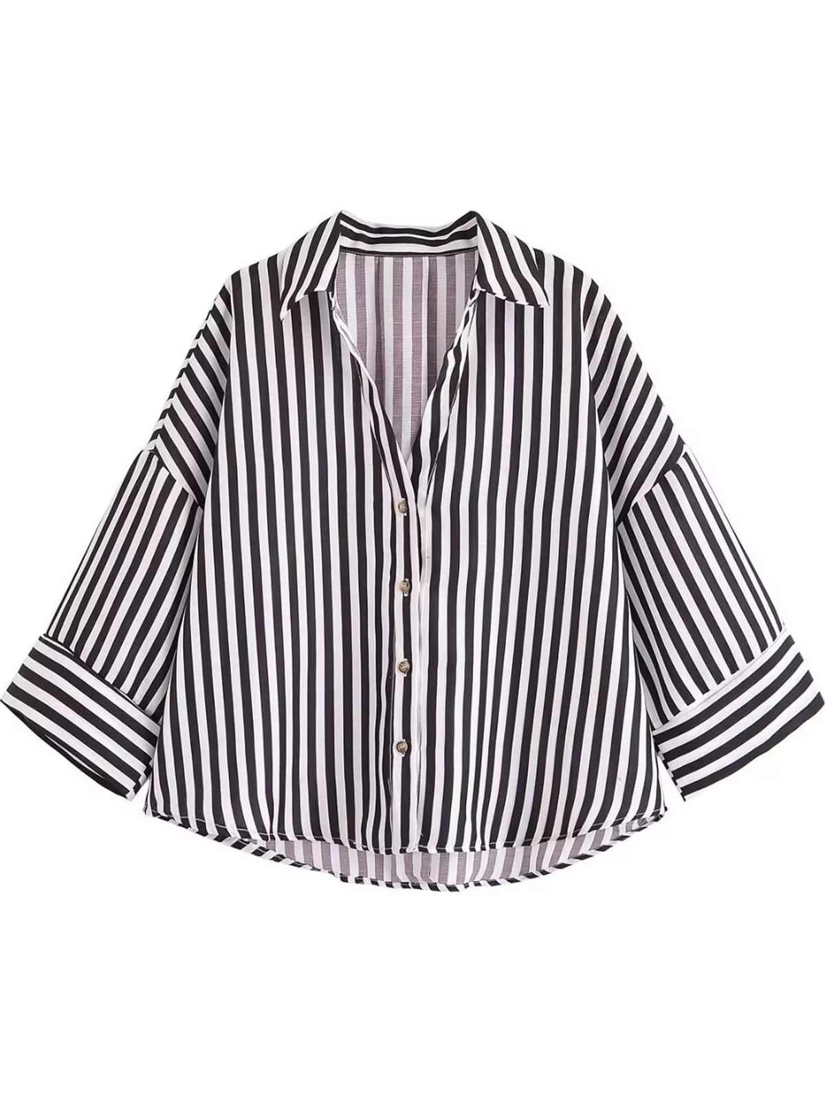 Black And White Stripes button-up three-quarter sleeve shirt