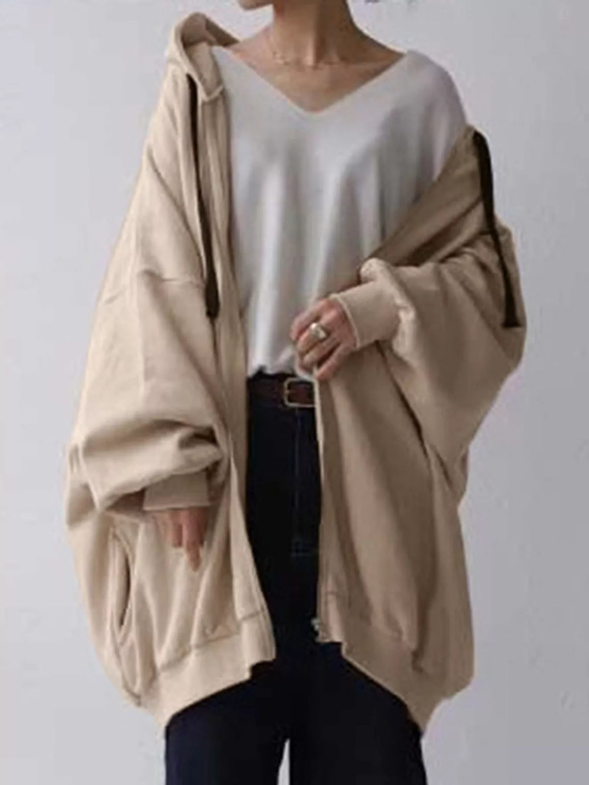 Apricot drawstring zip-up oversized hoodie