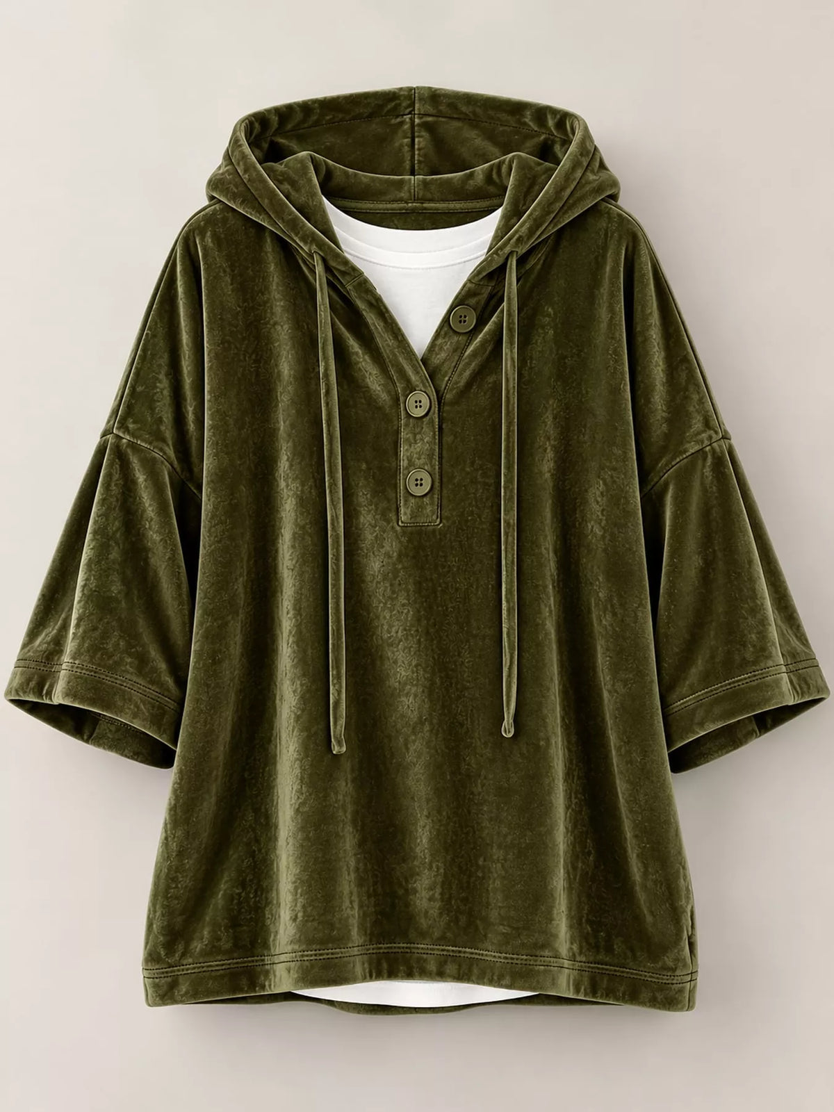 Velvet Button Hoodie in olive green, front view