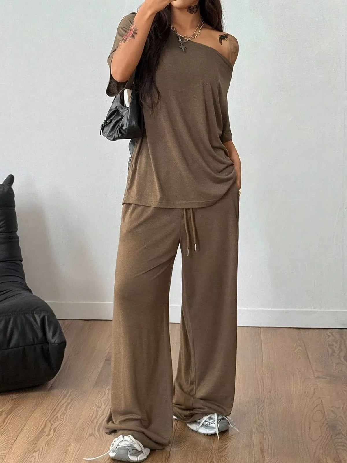 Brown boat neck top and wide-leg pants set — front view