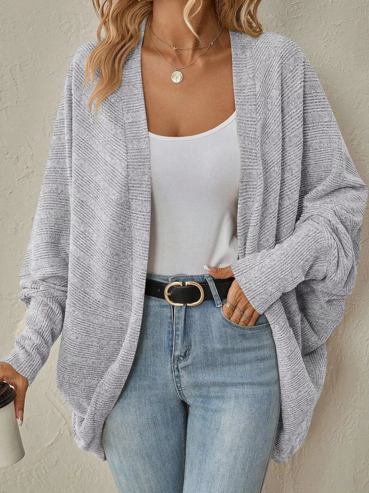 Light gray open-front batwing sleeve ribbed cardigan