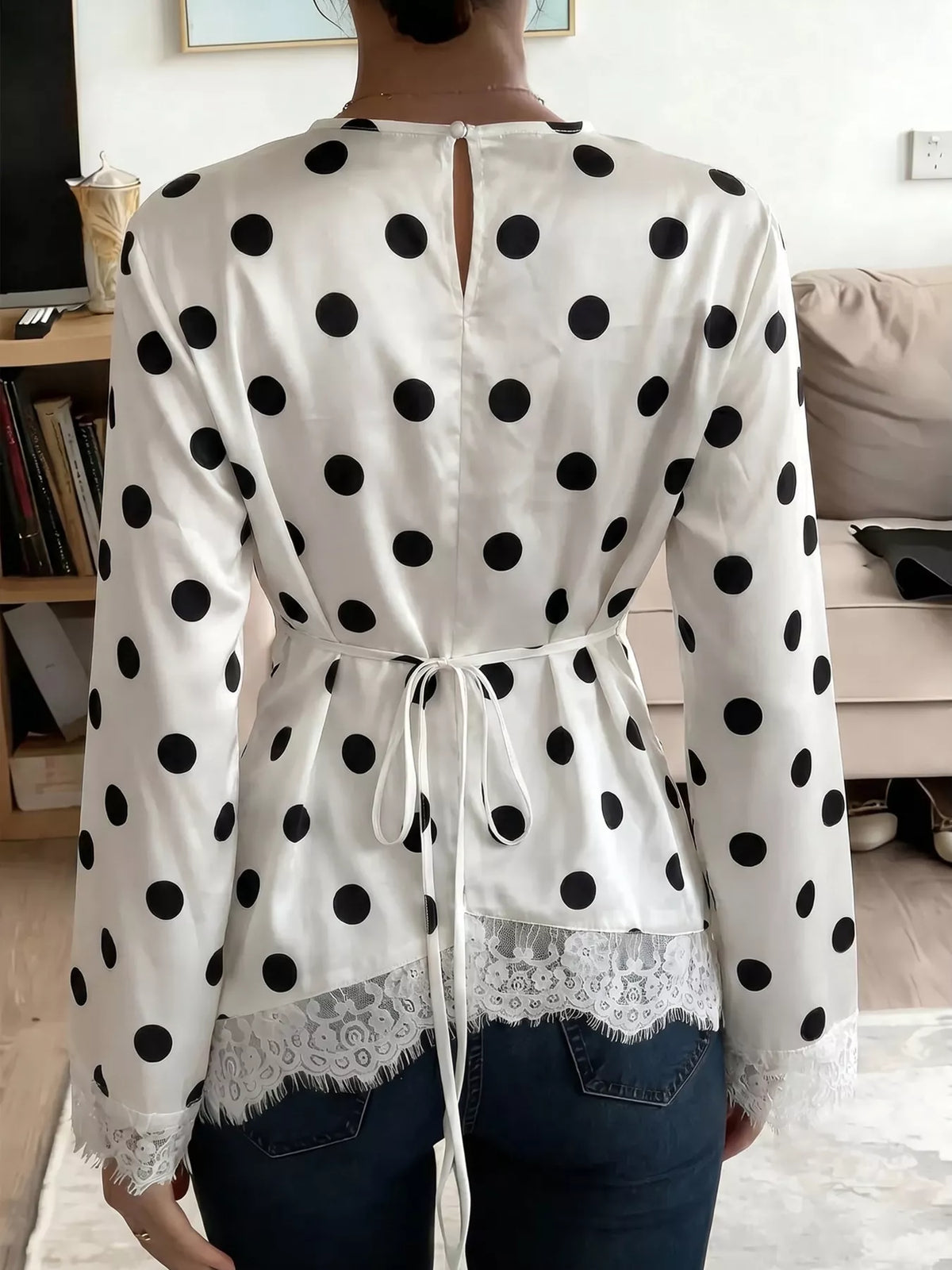 Trendsi Polka Dot Satin Top with Lace Trim -