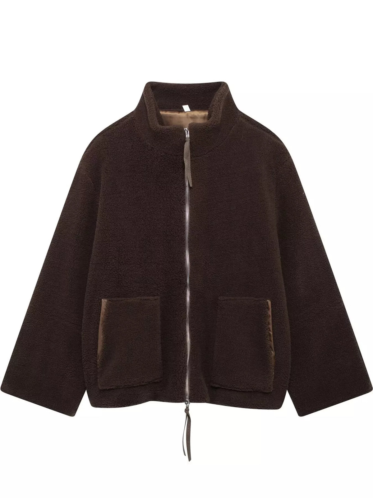 Brown oversized sherpa fleece zip-up jacket