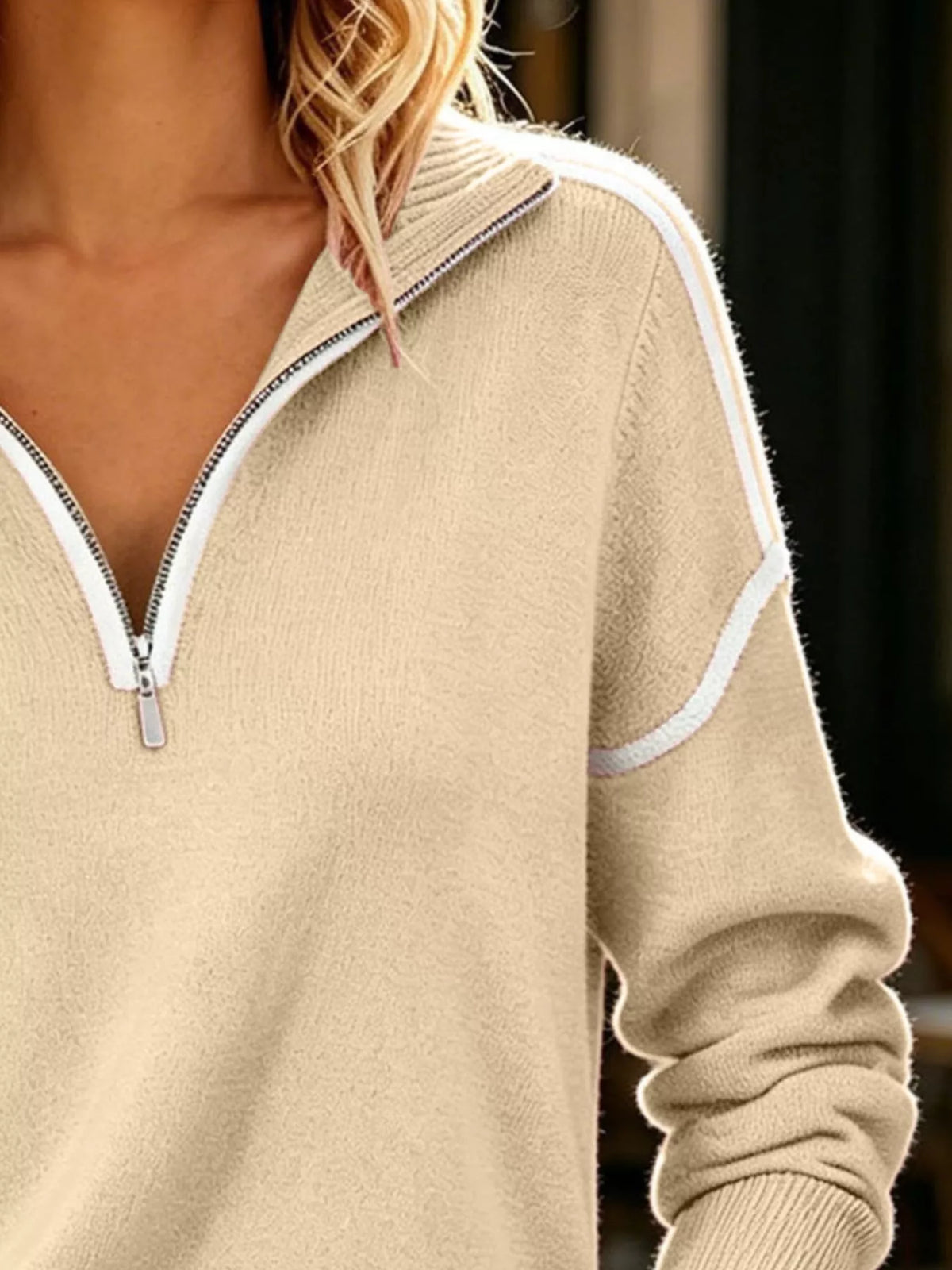 Trendsi Quarter-Zip Dropped Shoulder Sweater -