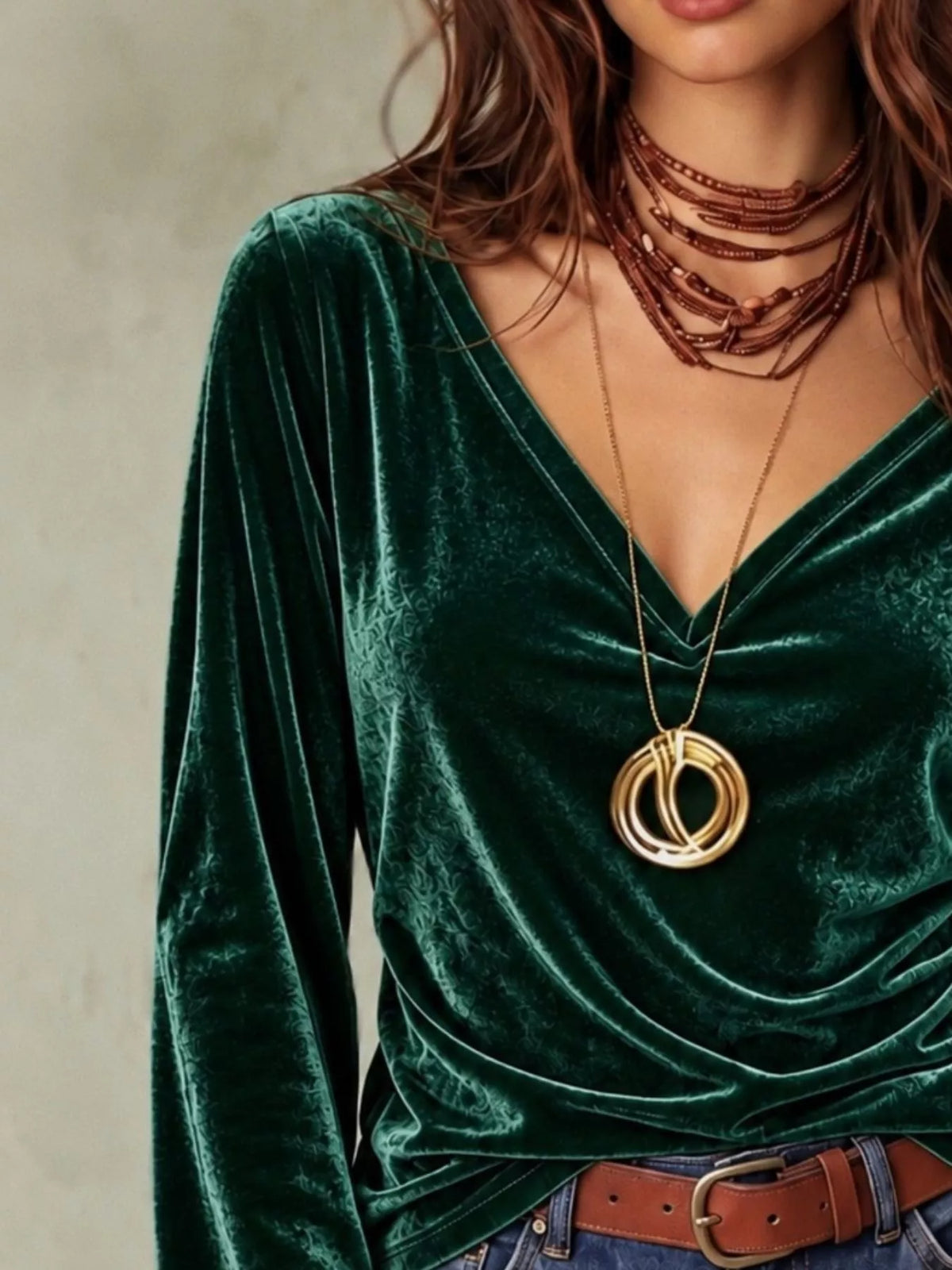 Women's V-Neck Long Sleeve Velvet Blouse in green — neckline detail view