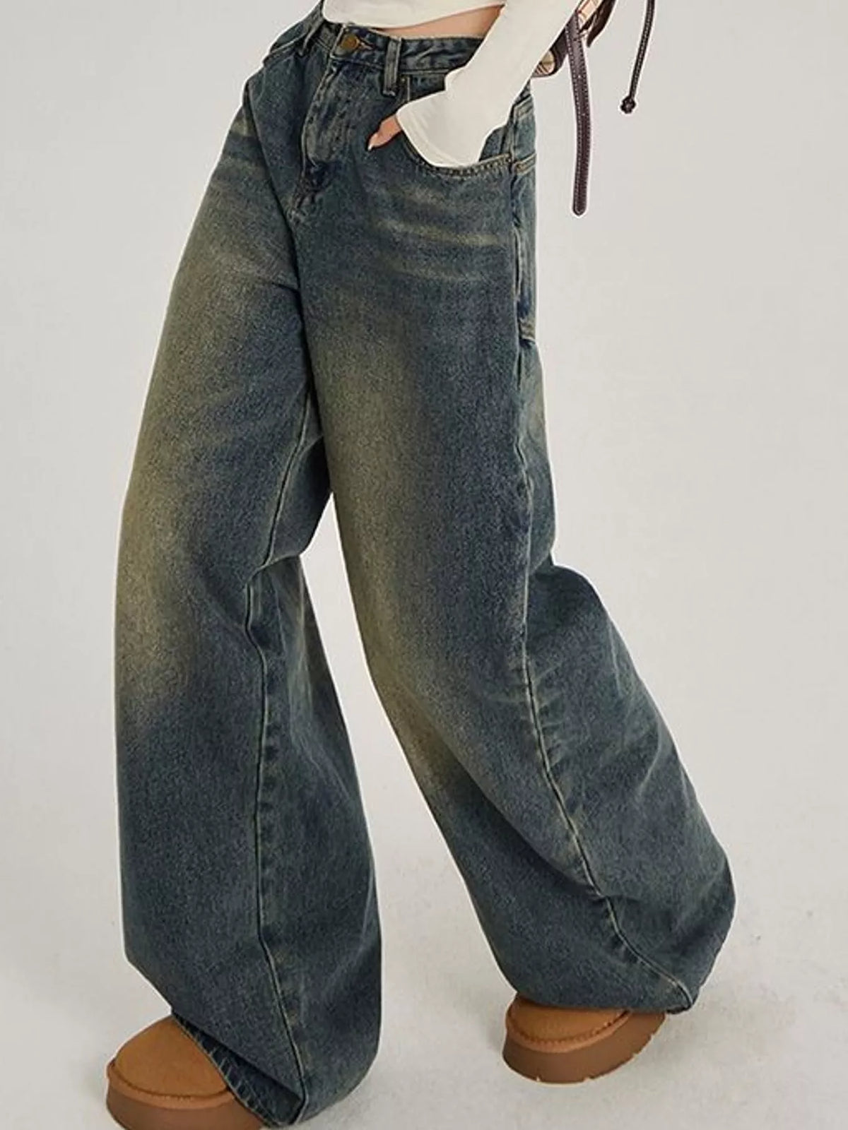 Washed blue high-waisted wide-leg jeans