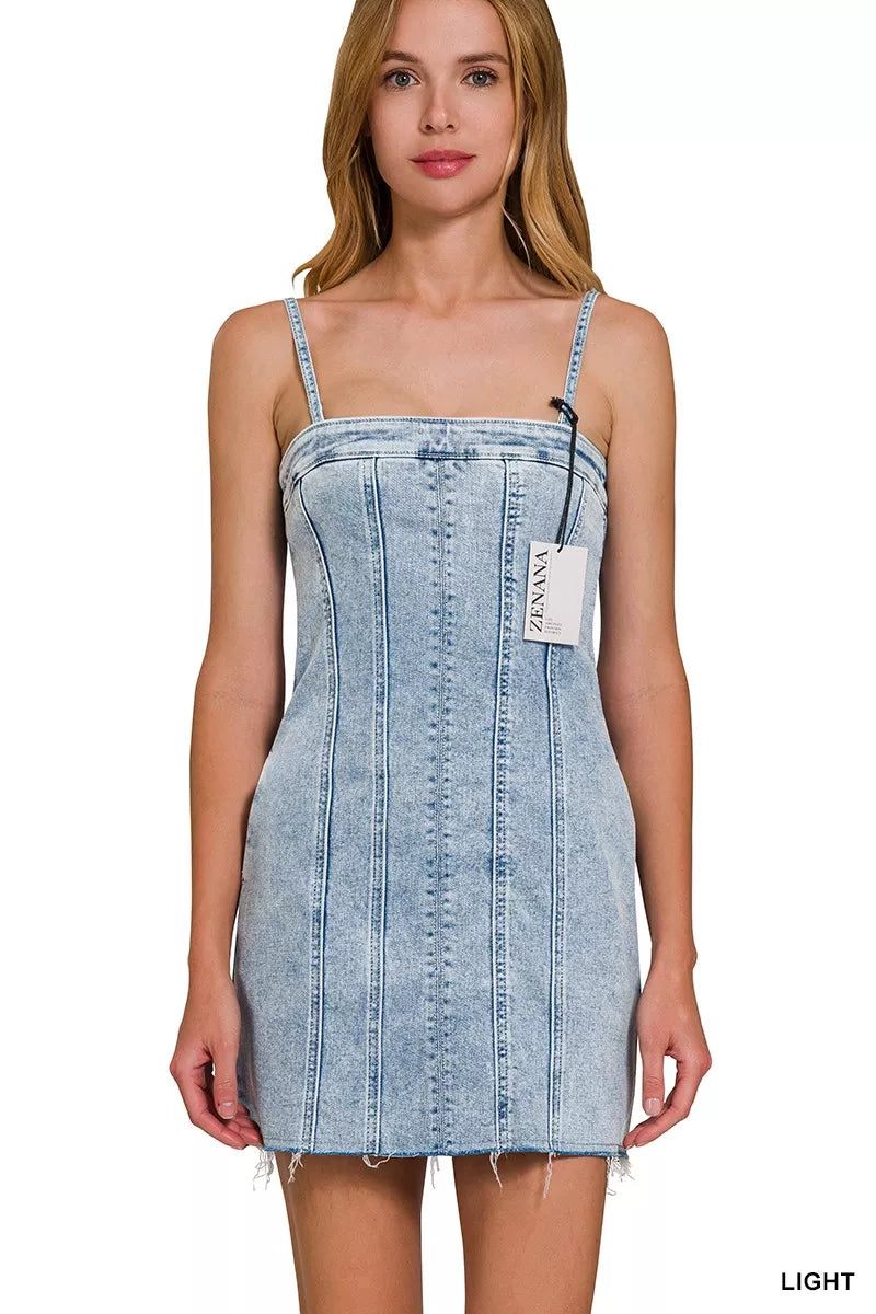 Women's Light-Wash Denim Spaghetti-Strap Dress With Exposed Seams — product view 6