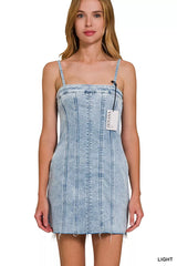 Trendsi Zenana Spaghetti Strap Exposed Seam Light-Wash Dress -