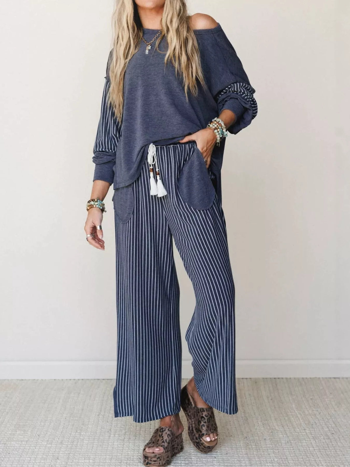 Blue striped boat neck top and wide-leg pants set