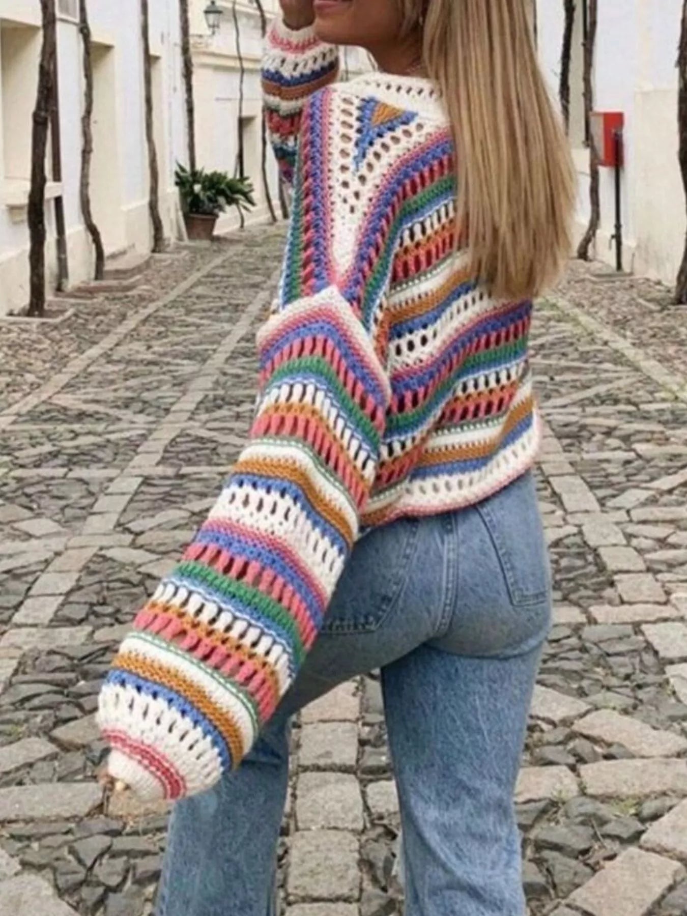 Trendsi Striped Crochet Knit Cardigan -
